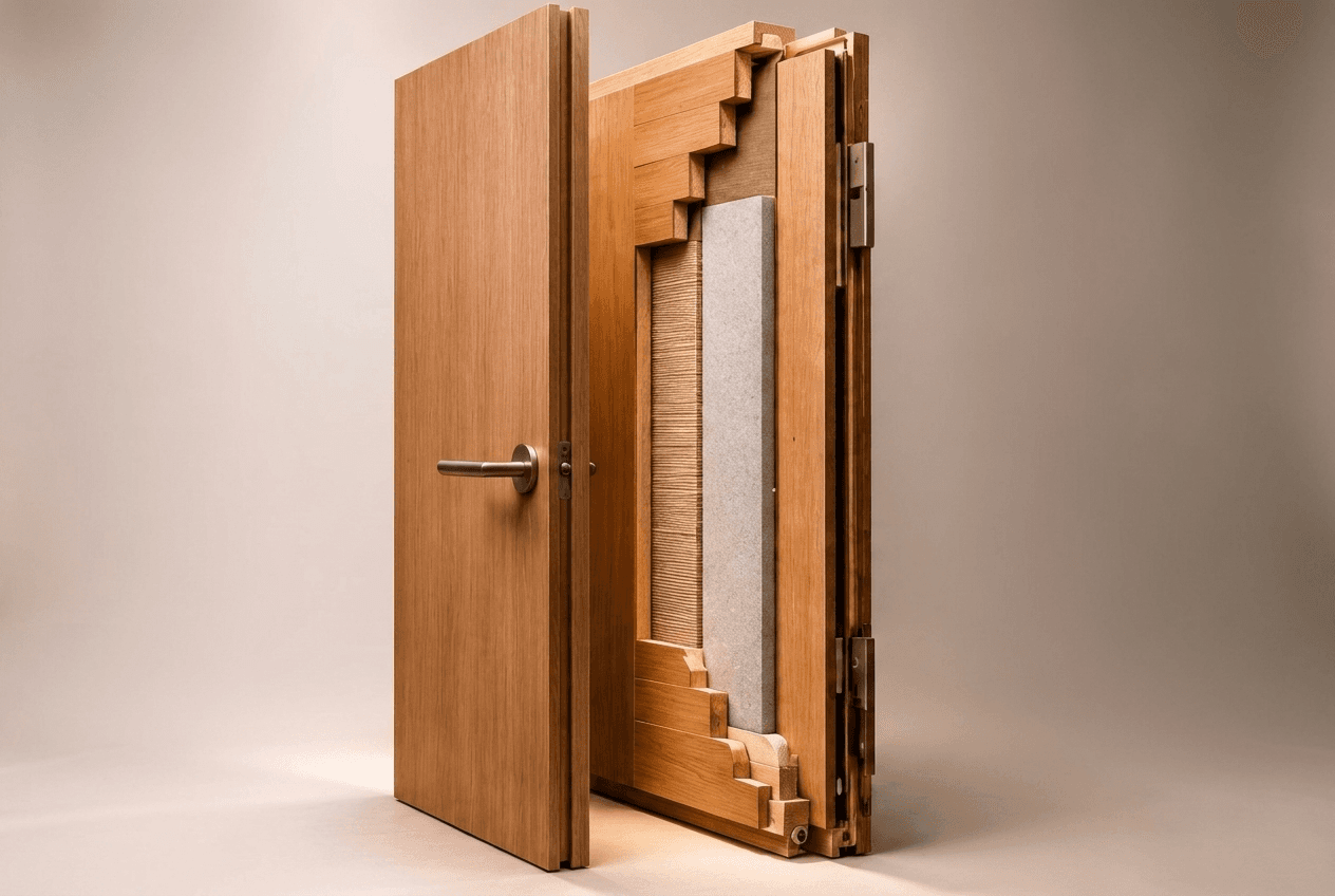 Exploded cutaway of the layered solid-wood door construction
